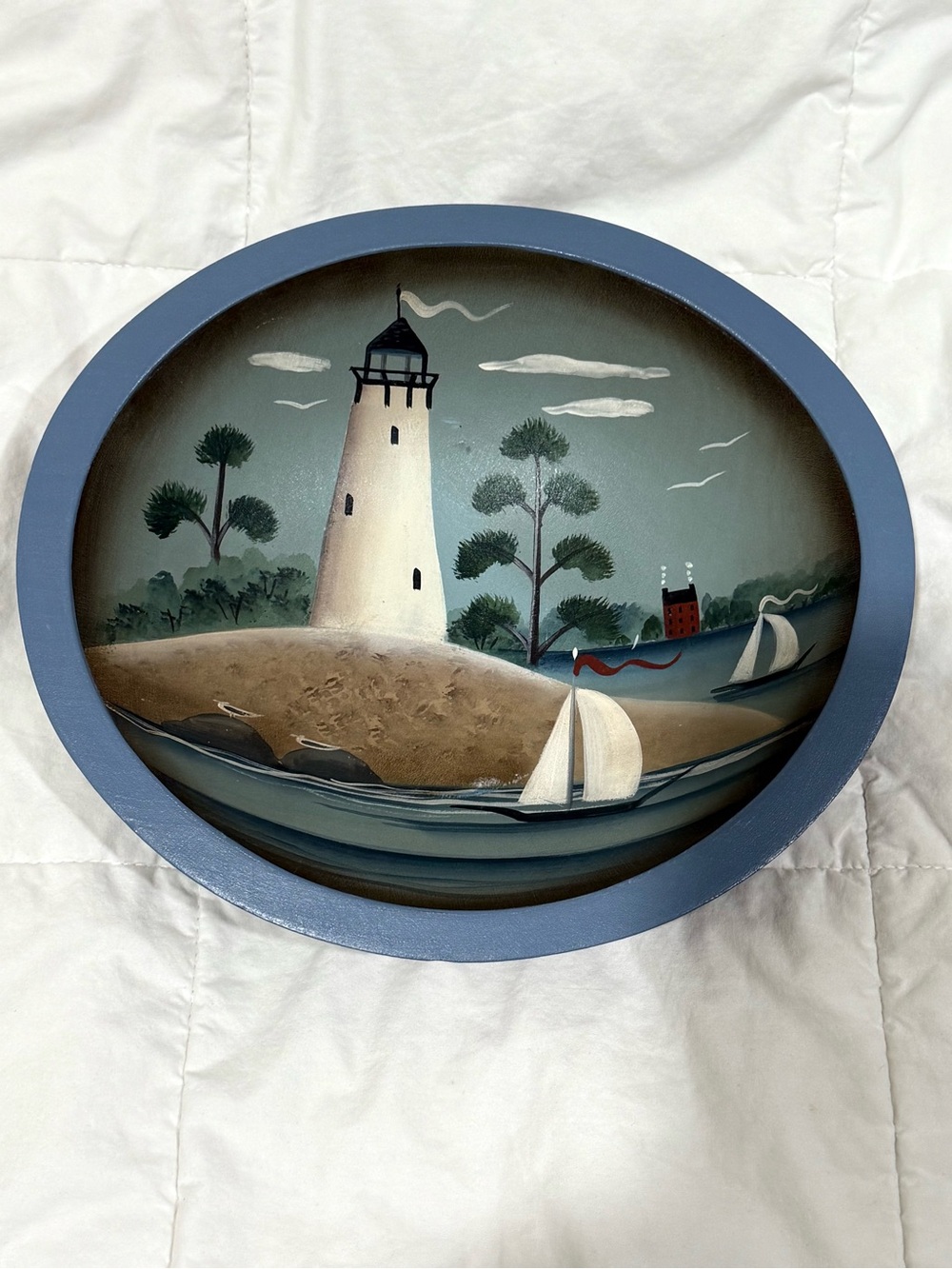 Coastal Lighthouse Oval Hand-painted Wooden Bowl in Blue 9.5” L 8.5” W - Picture 1 of 4